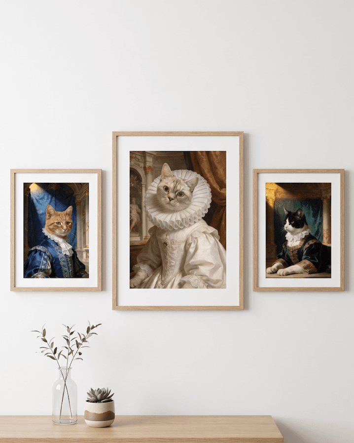 Framed pet portrait photographed on a neutral wall