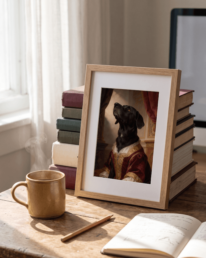 Dog portrait with deep red historical costume